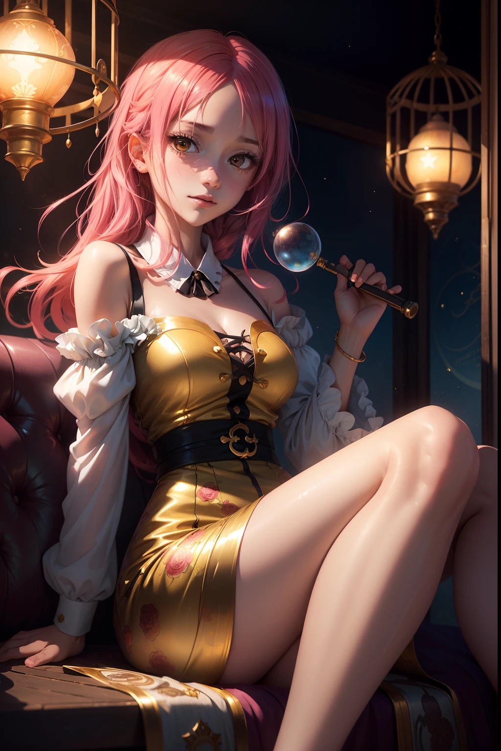 layla (masutepiece), (Best Quality), (ultra-detailliert),(disheveled hair),(Illustration), (1girl in), beautiful finely detailed eyes,Delicate beautiful face,floating,(High color saturation),(Colorful splashes),colorful bubble,(Shining),Focus on Face, Sitting in a glass ball, G;Butt cage, Golden Star and Lantern