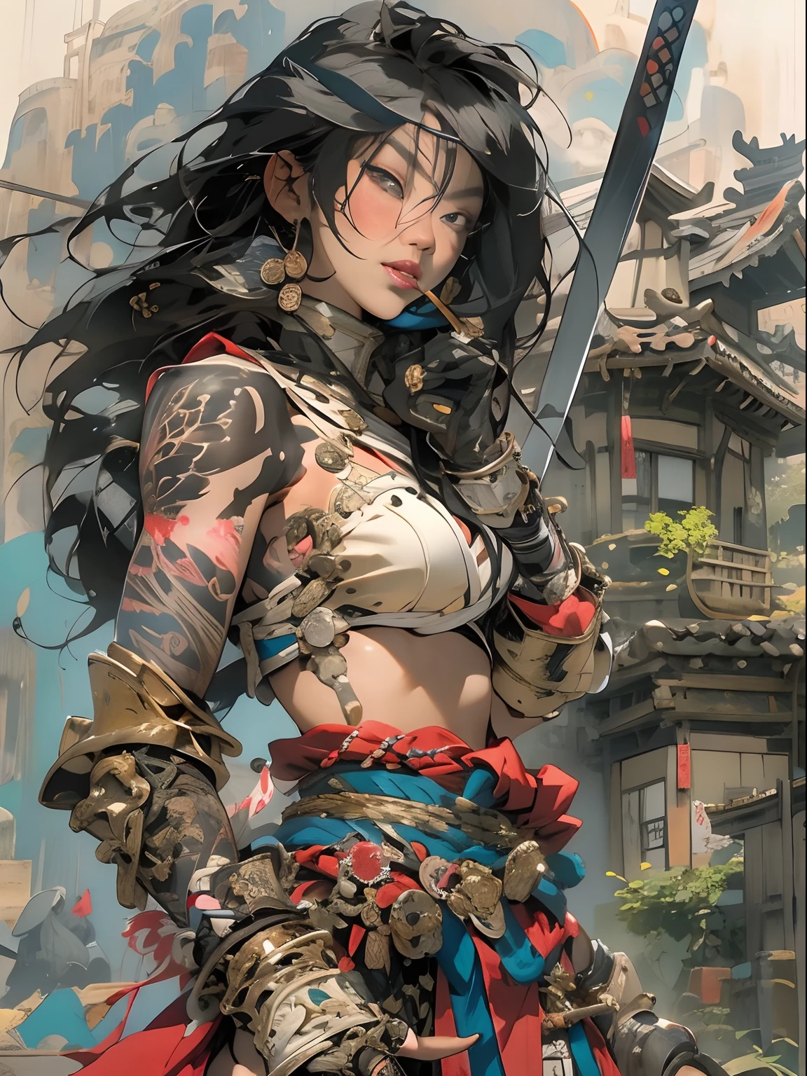 (((woman))), (((best qualityer))), (((tmasterpiece))), (((AS-Adult))), ((( Japanese ))), Look up from your knees, A beautiful asian samurai woman with perfect body, Modern samurai, ((( Asian))), Wear gloves on your hands,The left arm is made of steel and metal tips,Made of protective devices, The eyes are pulled, (( Appears below the breast )), (( Small dental floss )), Simon Bisley, Almost naked(Simon Bisley)Castle City Wilderness,For high-resolution posters, hair straight, Minimum clothing, armure (Crazy clothes ), Full of tips and rivets, tribal tattoos, (((full bodyesbian))), Straight brunette hair,Colored hair ends