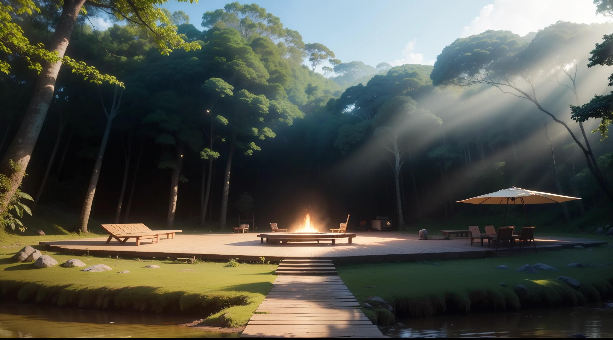 Create a realistic scenario with resolution for an environmental awareness project in the Amazon rainforest. The scenery is a magical place, onde a natureza se encontra com a criatividade humana. Na clareira, a majestic stage made of wood of the Ipê species is strategically positioned allowing a view of the forest in the background, providing a perfect environment for recording the videos. O alto, Dense trees form a green frame around the stage, Creating an atmosphere of connection with nature. Raios de sol filtrados pelas folhagens iluminam sutilmente o palco, adding a touch of mystery and enchantment to the environment. 
O palco e aberto sendo sem nada em cima e uma obra-prima do artesanato em formato oval, with its Ipê wood carefully crafted to create a cozy and welcoming space. The intricate details of Ipê bring a sense of solidity and durability, Symbolizing the importance of sustainability in the preservation of the Amazon rainforest. 
In this magical setting, Duas pessoas, ativistas ambientais apaixonados, will be on stage.