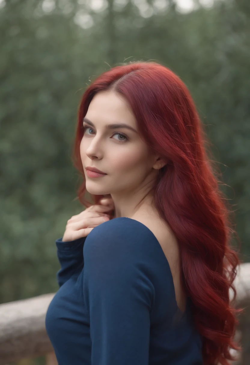 Long hair red woman, Navy blue clothes, basic background, fully body photo.