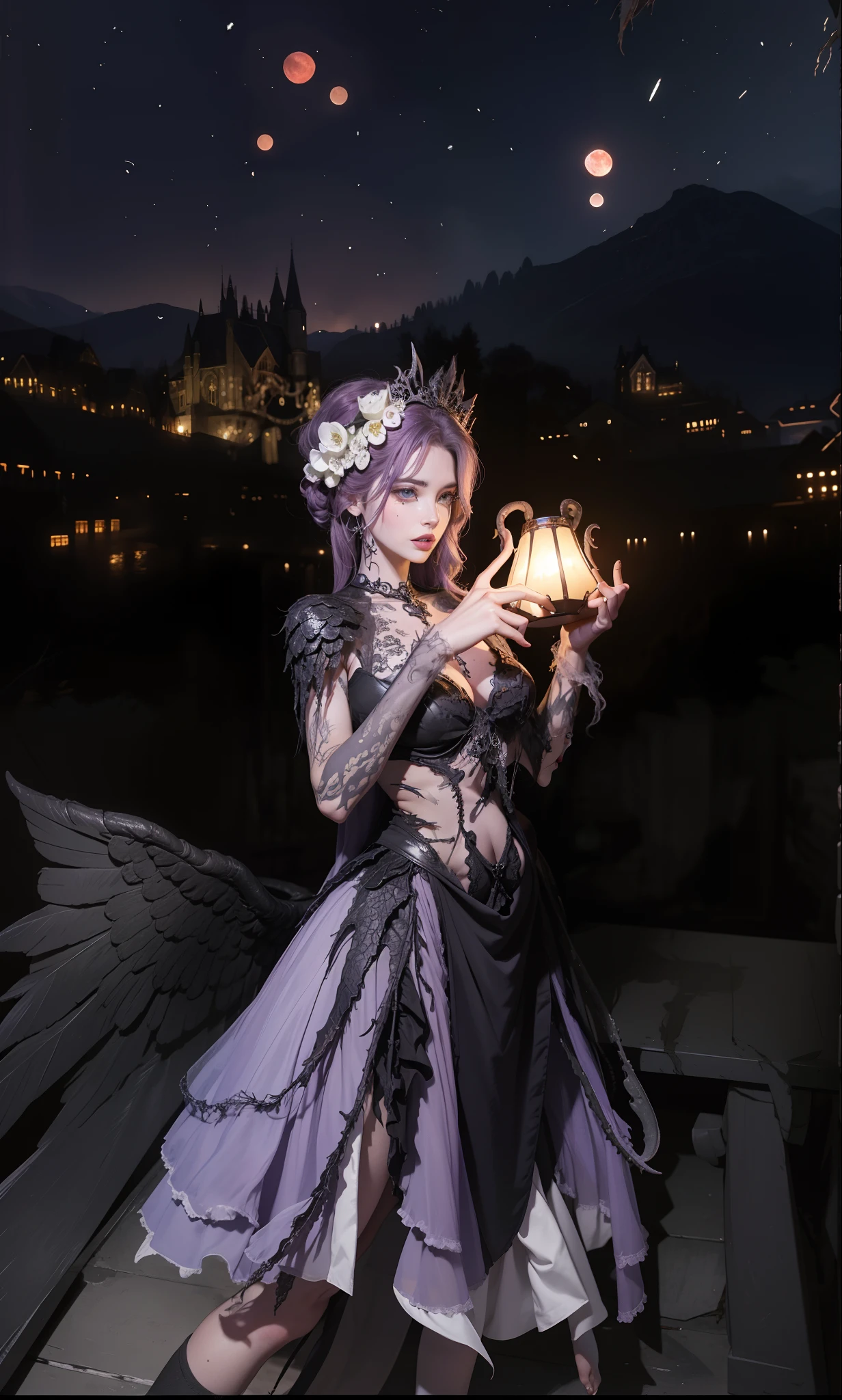 Fine matte paint,Skeleton Dark Angel,Haunted castle with large wings, Fill the drawing table with a knife,terroral,uncanny,horrid,secret terror,tentaculata,grape trees,The eye,uncanny valley effect teeth,all fours,Critters,Blood Moon,Woman's carcass,body art,Sexy beauty,8K,Blu-ray quality,Stunning graphics,