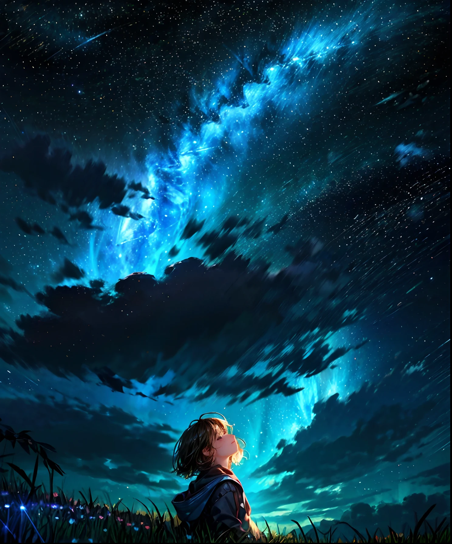 Describe a scene where a cute girl character is lying on a grassy hill, Looking up at the starry sky. Surround her with colorful nebulae and her favorite constellations.