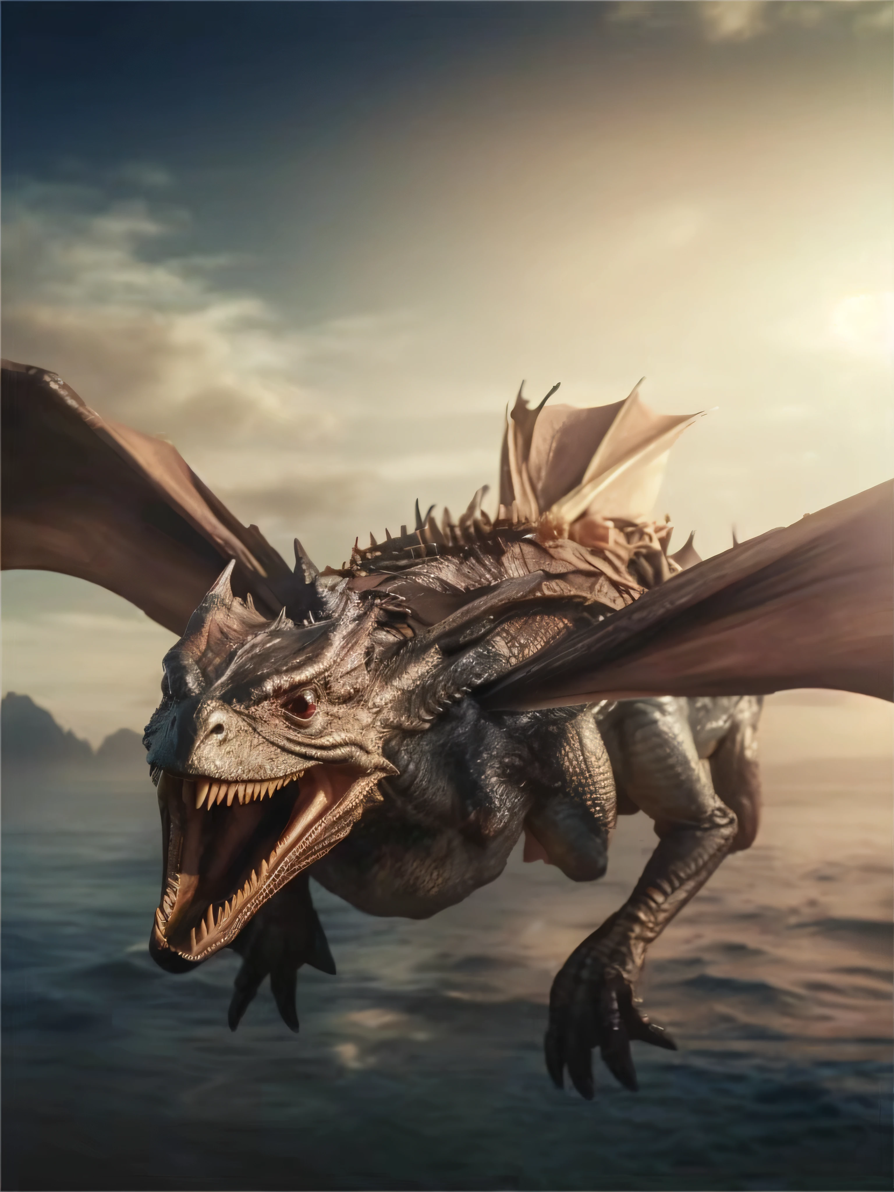 Close-up of a dragon flying over a body of water, dragon flying in the background, realistic lifelike dragon, drogon, Dragon Flying, epic dragon, A dragon, dragons flying in the sky, dragons flying in the sky, Dragon in the background, Hiryu, firebreathing dragon, wyvern, ultraterrestrial dragons
