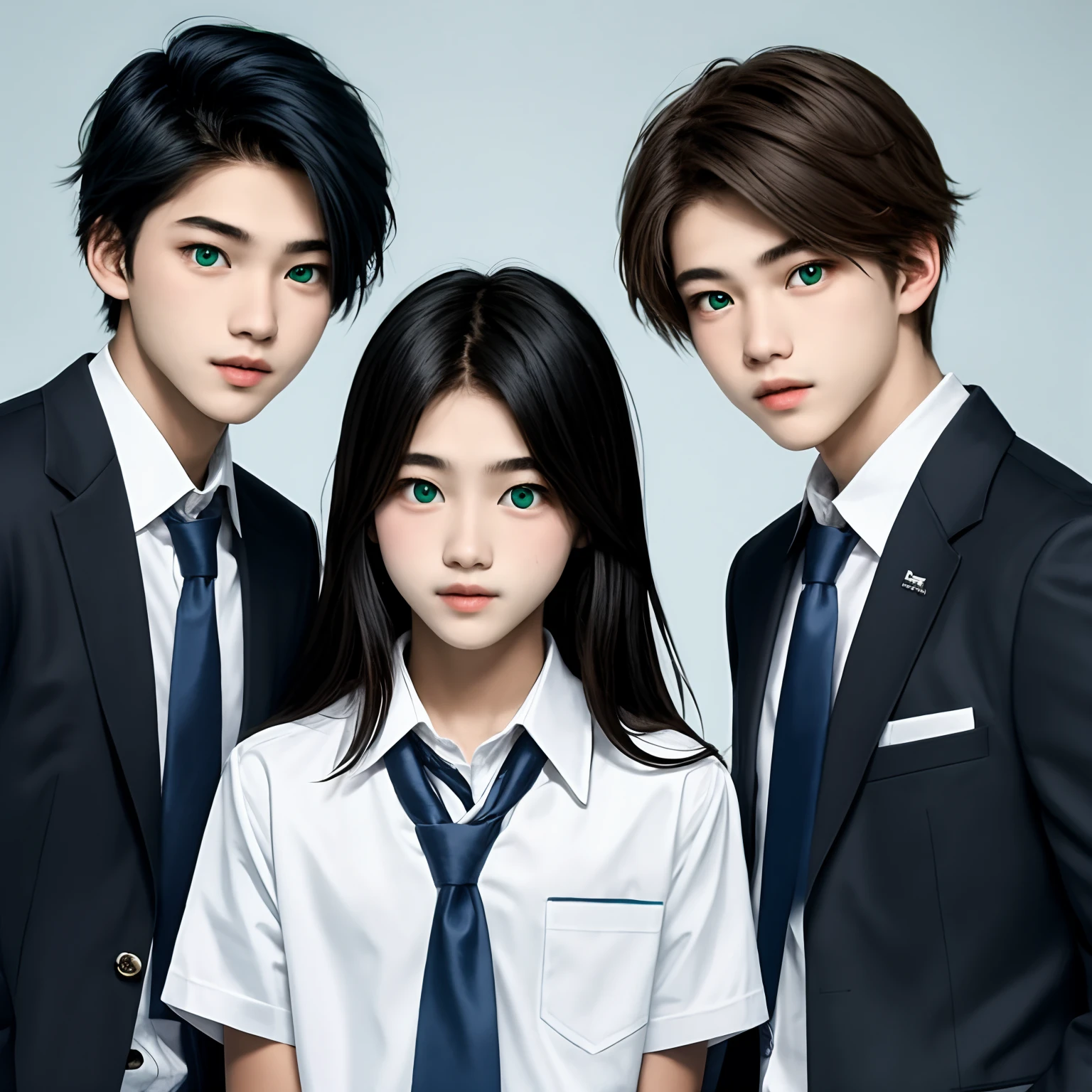 Male teenagers triplets, black hair, green-blue eyes, ************, using a school uniform