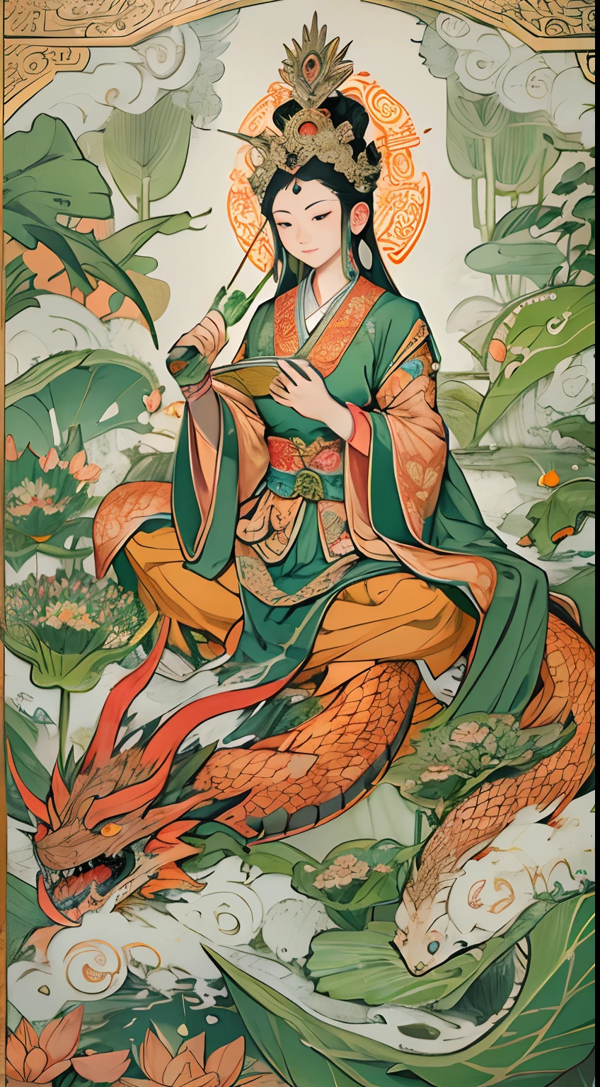 an ancient Chinese goddess, guanyin of the southern seas, Guanyin, Inspired by India, Avalokiteshvara rides a dragon,,Serene expression,shui mo hua,Buddha,Buddhist,Lotus,Chinese painting style,Thangka style