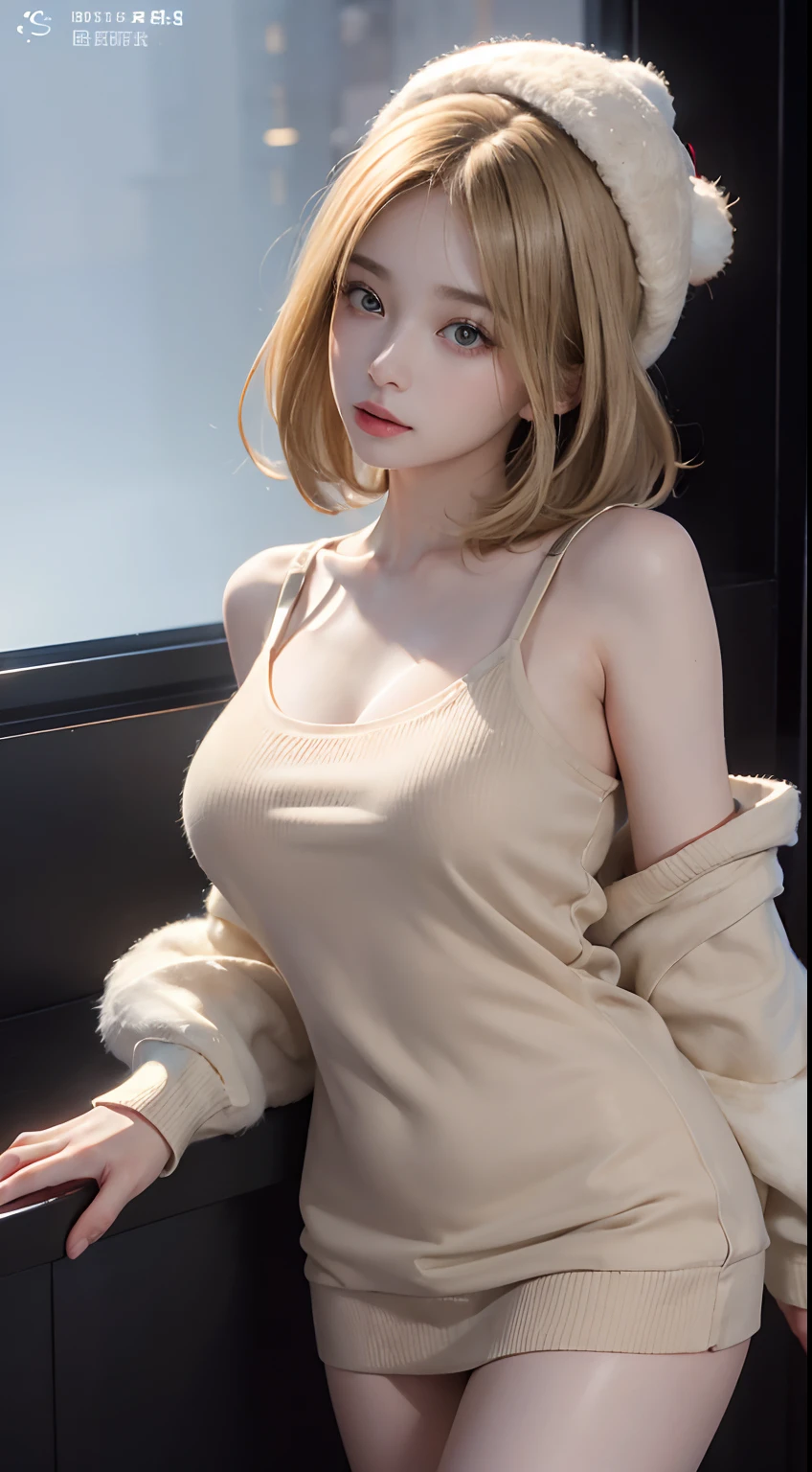 (masuter piece:1.3)、(8K、Photorealsitic、Raw photography、top-quality: 1.4)、(1girl in)、beautiful countenance、(Lifelike face)、(Light Beige Mixed Hair、short-hair:1.3)、(Busty Boobs)、Wearing a short、Hoodie without front closure 、((Sexy clothes))、Beanie、Wearing a knitted cute pom-pom hat、(Display hats on the screen)、realisticeyes、Beautiful details、(real looking skin)、Beautiful skins、absurderes、enticing、超A high resolution、A hyper-realistic、high-detail、the golden ratio