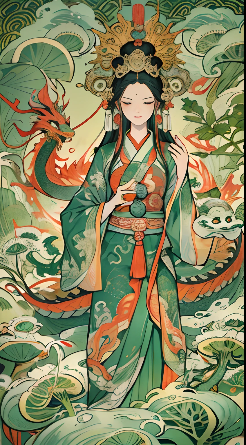an ancient Chinese goddess, guanyin of the southern seas, Guanyin, Inspired by India, Avalokiteshvara rides a dragon,,Serene expression,shui mo hua,Buddha,Buddhist,Lotus,Chinese painting style,Thangka style
