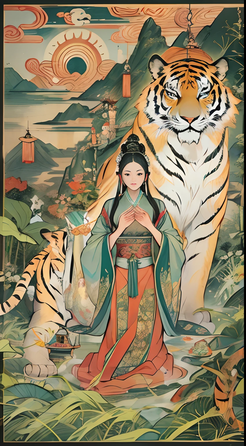 an ancient Chinese goddess, guanyin of the southern seas, Guanyin, Inspired by India, Avalokiteshvara rides a tiger,,Serene expression,shui mo hua,Buddha,Buddhist,Lotus,Chinese painting style,Thangka style