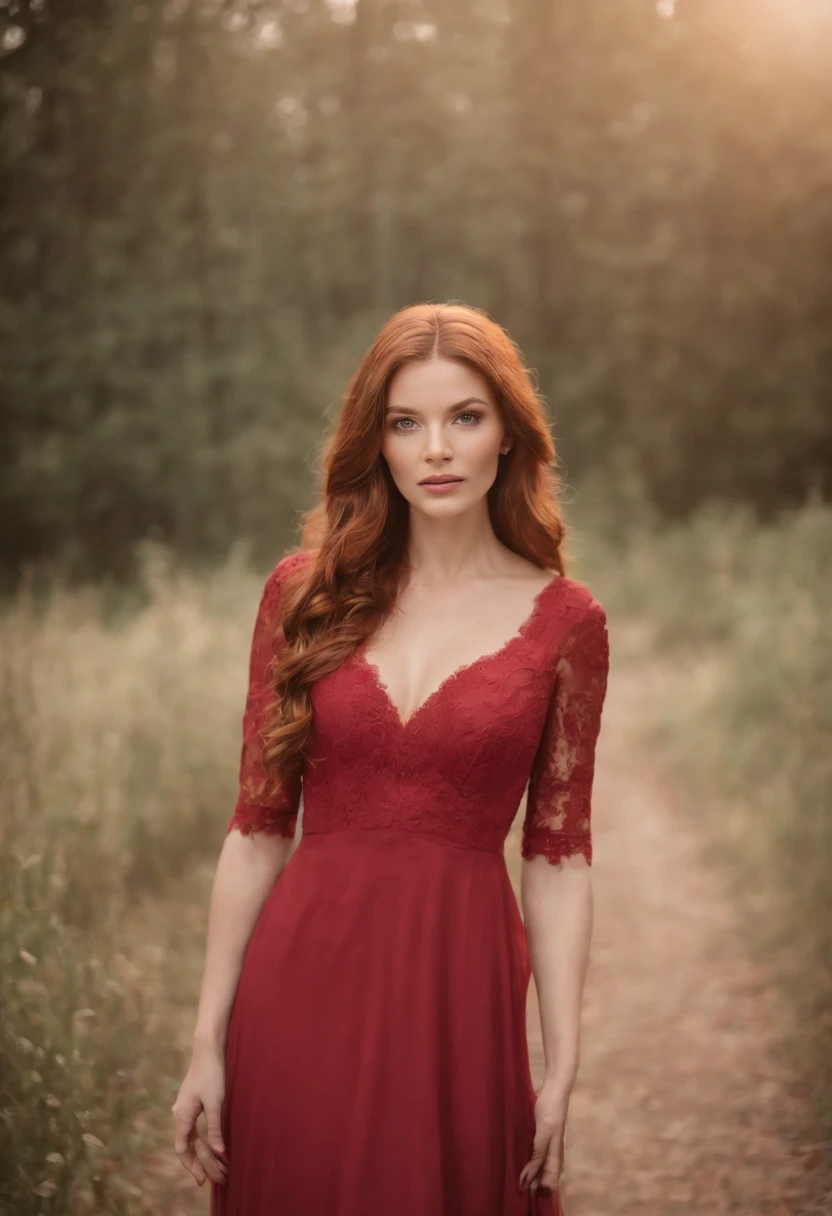 Mulher ruiva de cabelos extra longos, vestido de noiva. Foto de corpo inteiro. Fundo acinzentado escurecendo nas bordas, ressaltando a mulher, cor de seus cabelos e o vestido.
