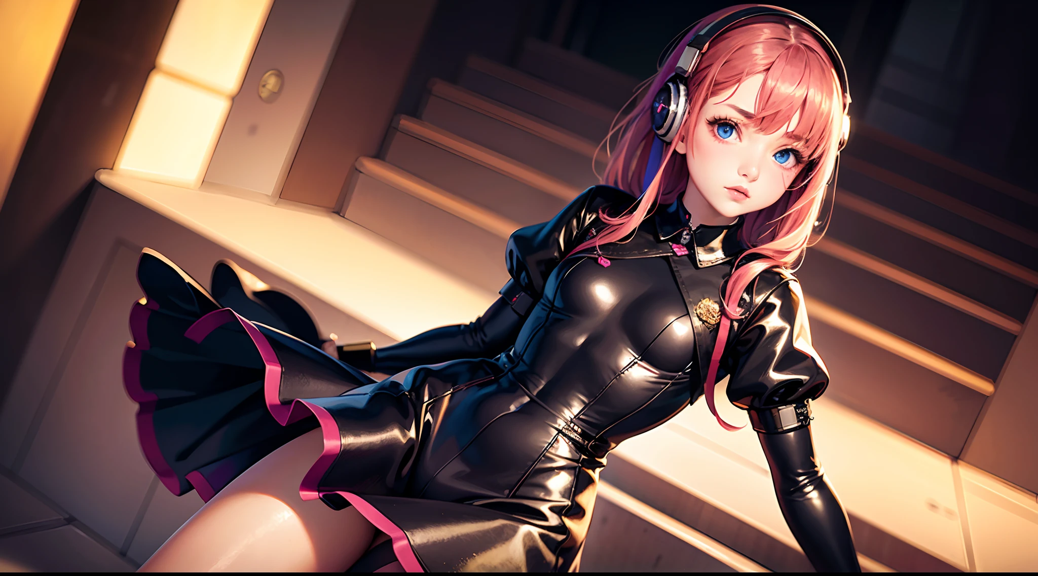 beautiful girl, , Tiny dress, dark tights, listening to music on headphones, musical lyrics around her head, hyper-realistic, best quality, very high resolution, 8k, HDR