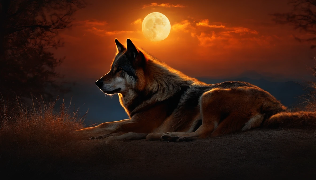 "A lone wolf under the full moon on fire"