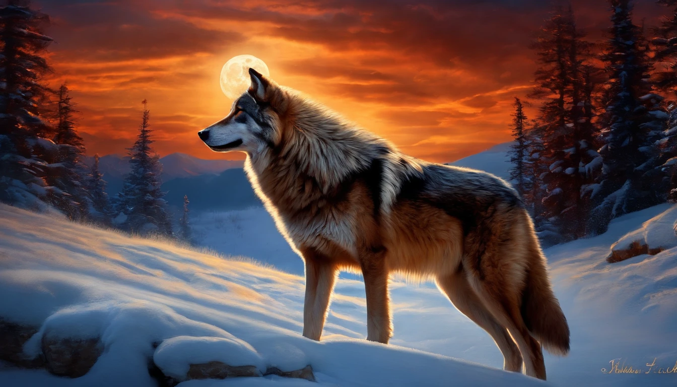 "A lone wolf under the full moon on fire"