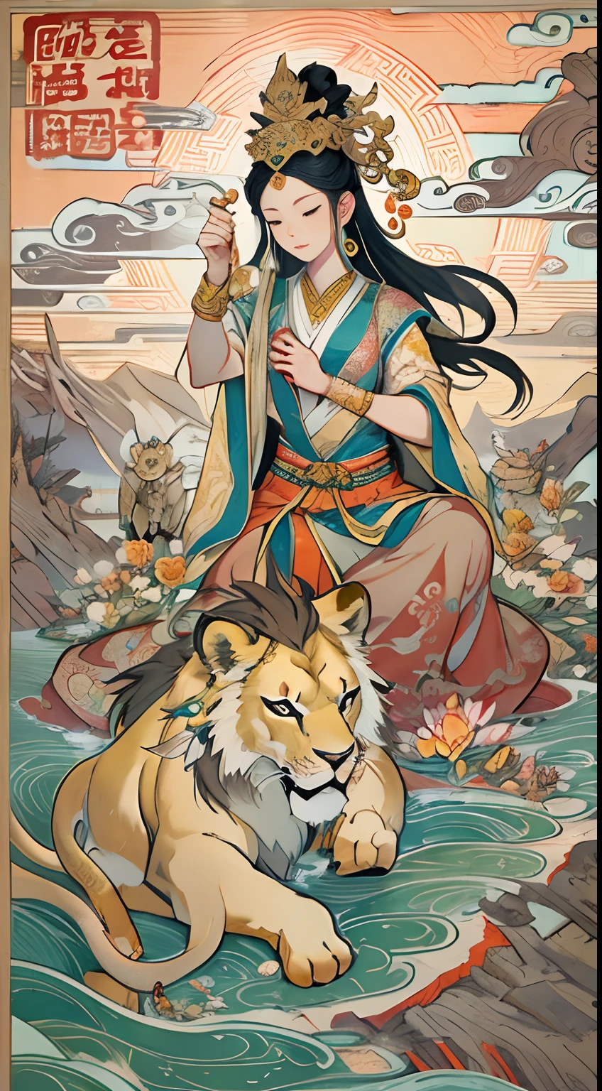 an ancient Chinese goddess, guanyin of the southern seas, Guanyin, Inspired by India, Avalokiteshvara rides a lion，,Serene expression,shui mo hua,Buddha,Buddhist,Lotus,Chinese painting style,Thangka style