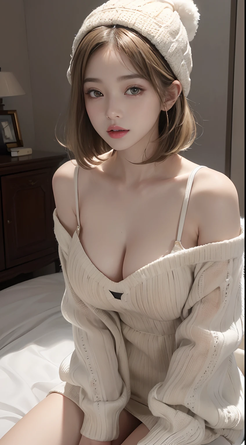 (masuter piece:1.3)、(8K、Photorealsitic、Raw photography、top-quality: 1.4)、(1girl in)、beautiful countenance、(Lifelike face)、(Light Beige Mixed Hair、short-hair:1.3)、(Busty Boobs)、Wearing a short、Hoodie without front closure 、((Sexy clothes))、Beanie、Wearing a knitted cute pom-pom hat、(Display hats on the screen)、realisticeyes、Beautiful details、(real looking skin)、Beautiful skins、absurderes、enticing、超A high resolution、A hyper-realistic、high-detail、the golden ratio