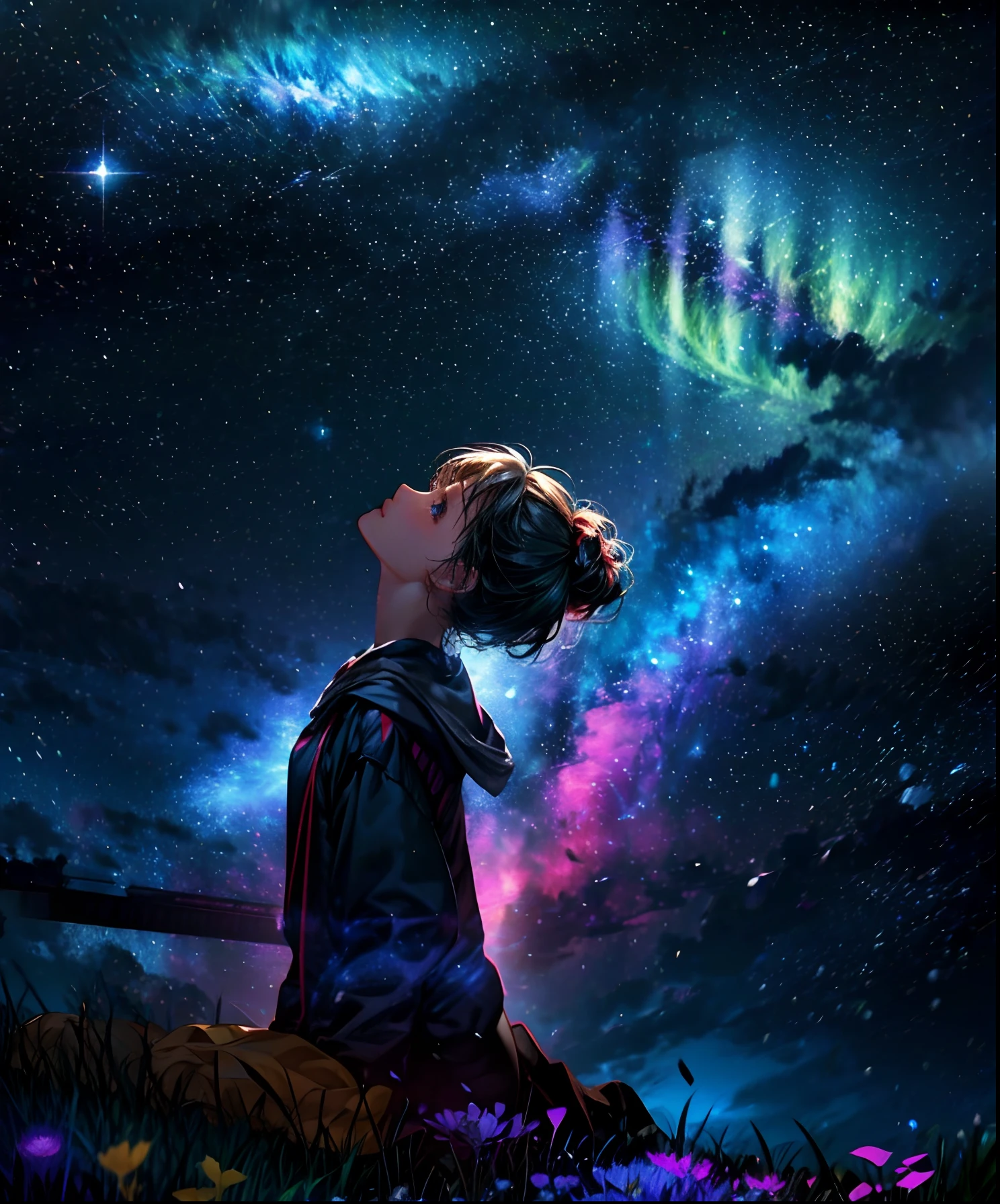 Describe a scene where a cute girl character is lying on a grassy hill, Looking up at the starry sky. Surround her with colorful nebulae and her favorite constellations.
