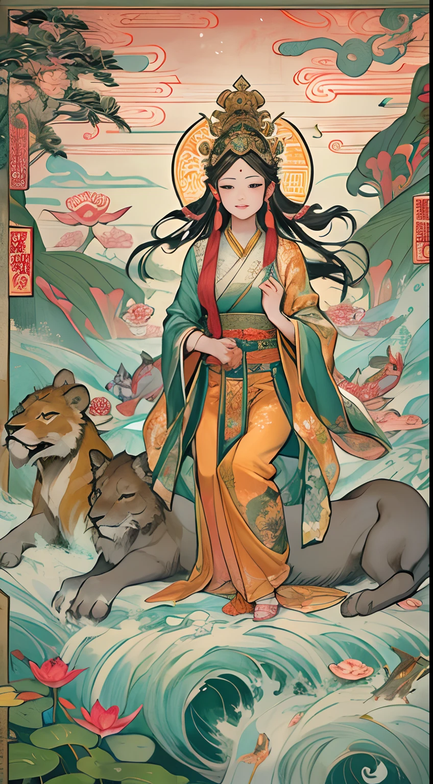 an ancient Chinese goddess, guanyin of the southern seas, Guanyin, Inspired by India, Avalokiteshvara rides a lion，,Serene expression,shui mo hua,Buddha,Buddhist,Lotus,Chinese painting style,Thangka style