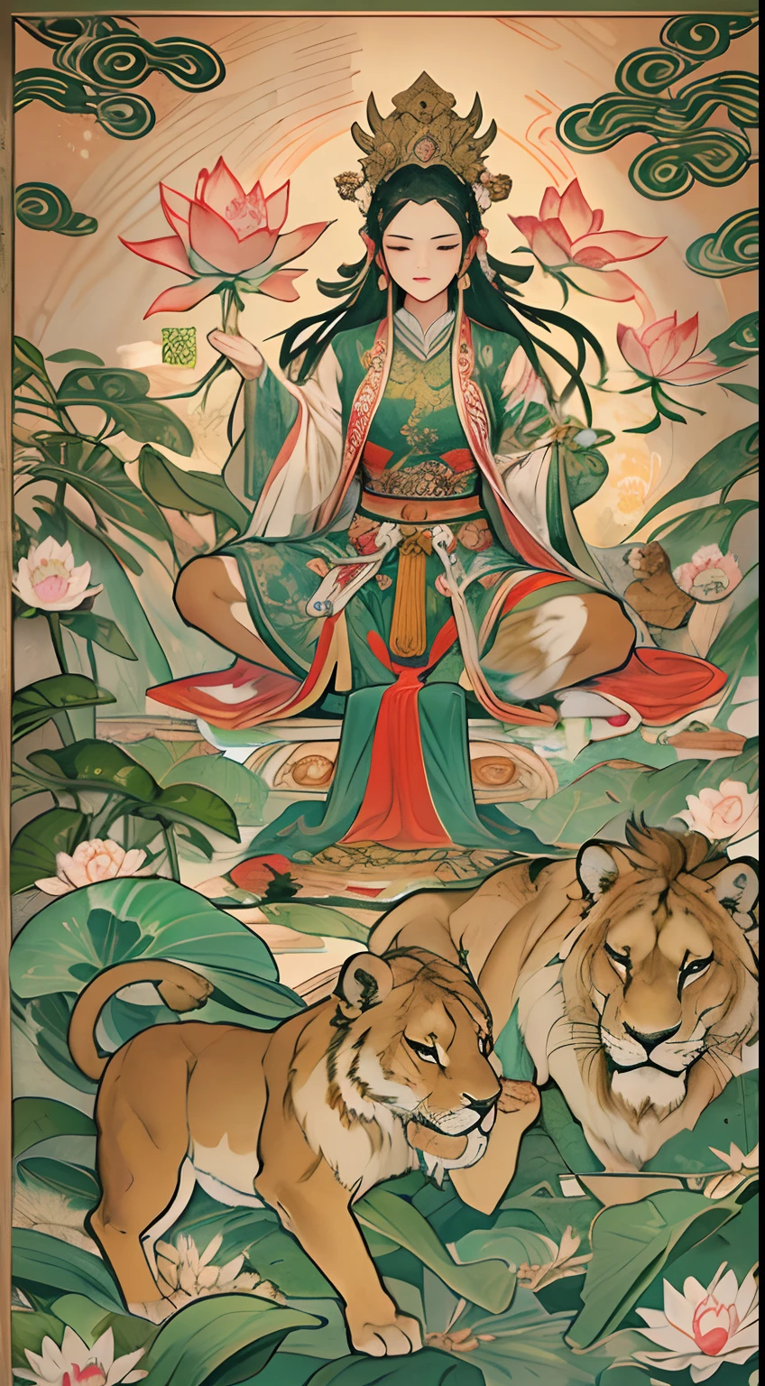 an ancient Chinese goddess, guanyin of the southern seas, Guanyin, Inspired by India, Avalokiteshvara rides a lion,,Serene expression,shui mo hua,Buddha,Buddhist,Lotus,Chinese painting style,Thangka style