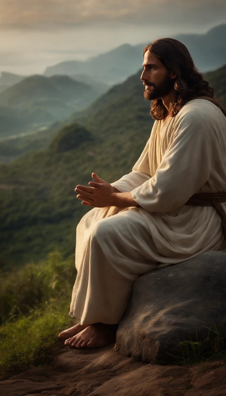 jesus cristo sentando em uma pedra a beira de um rio. He is talking to his disciples who are sitting in the field