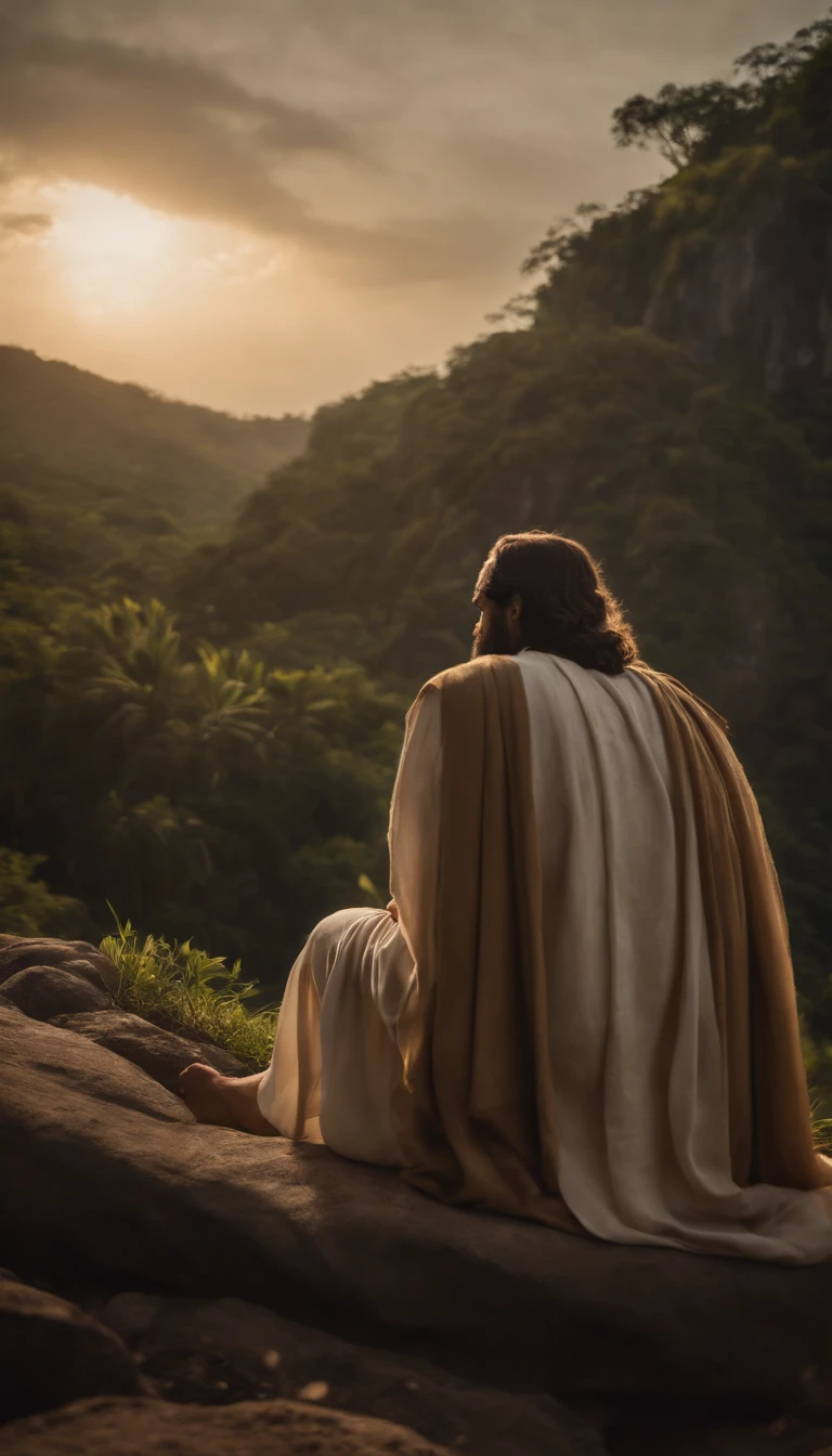 jesus cristo sentando em uma pedra a beira de um rio. He is talking to his disciples who are sitting in the field