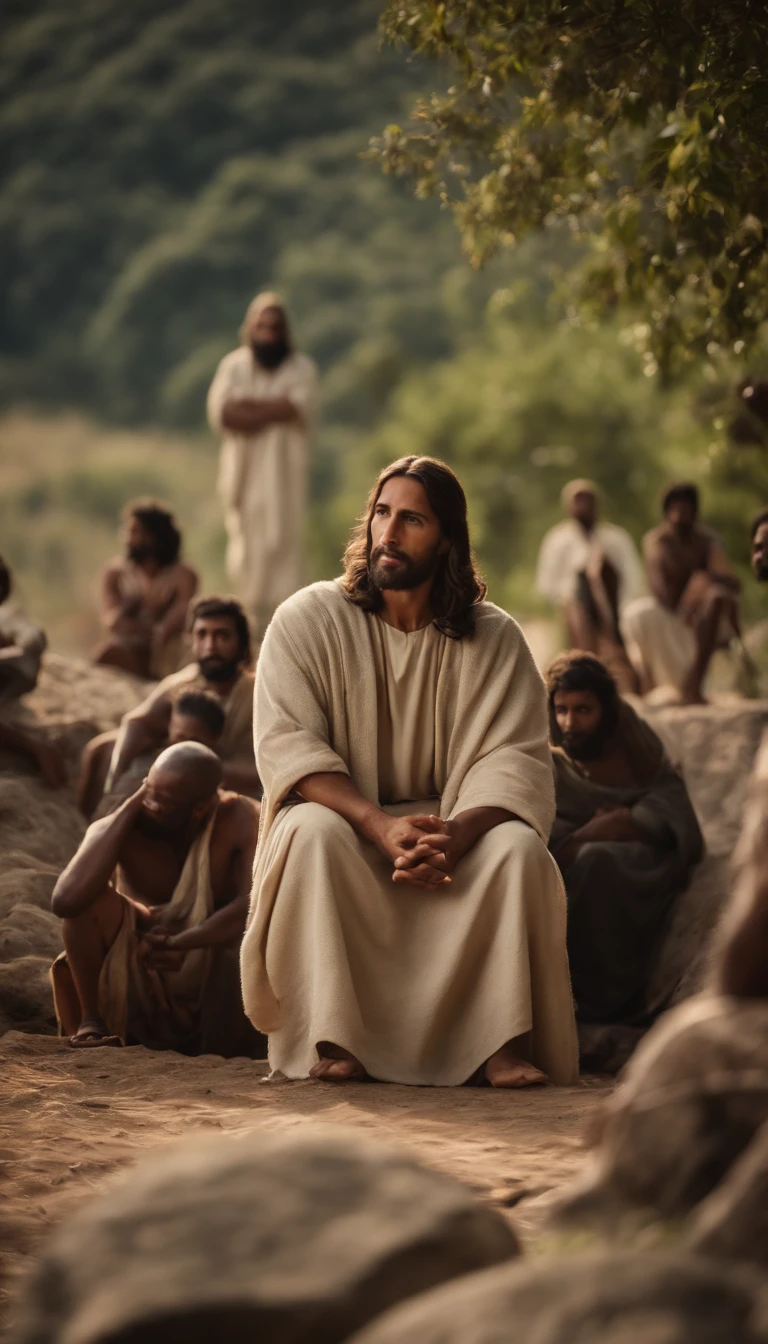 jesus cristo sentando em uma pedra a beira de um rio. He is talking to his disciples who are sitting in the field