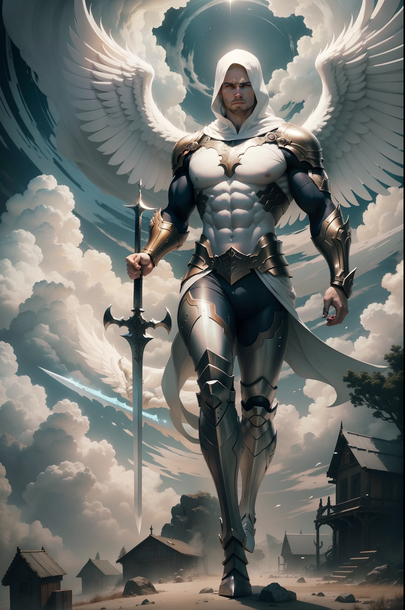 Fearless White Male Angel, full body, huge muscle mass, white armor, barrel chest, with avenging great sword, Apocalypse, dooms day, Illustration, cinematic light, high resolution, best quality, ultra detailed, masterpiece,