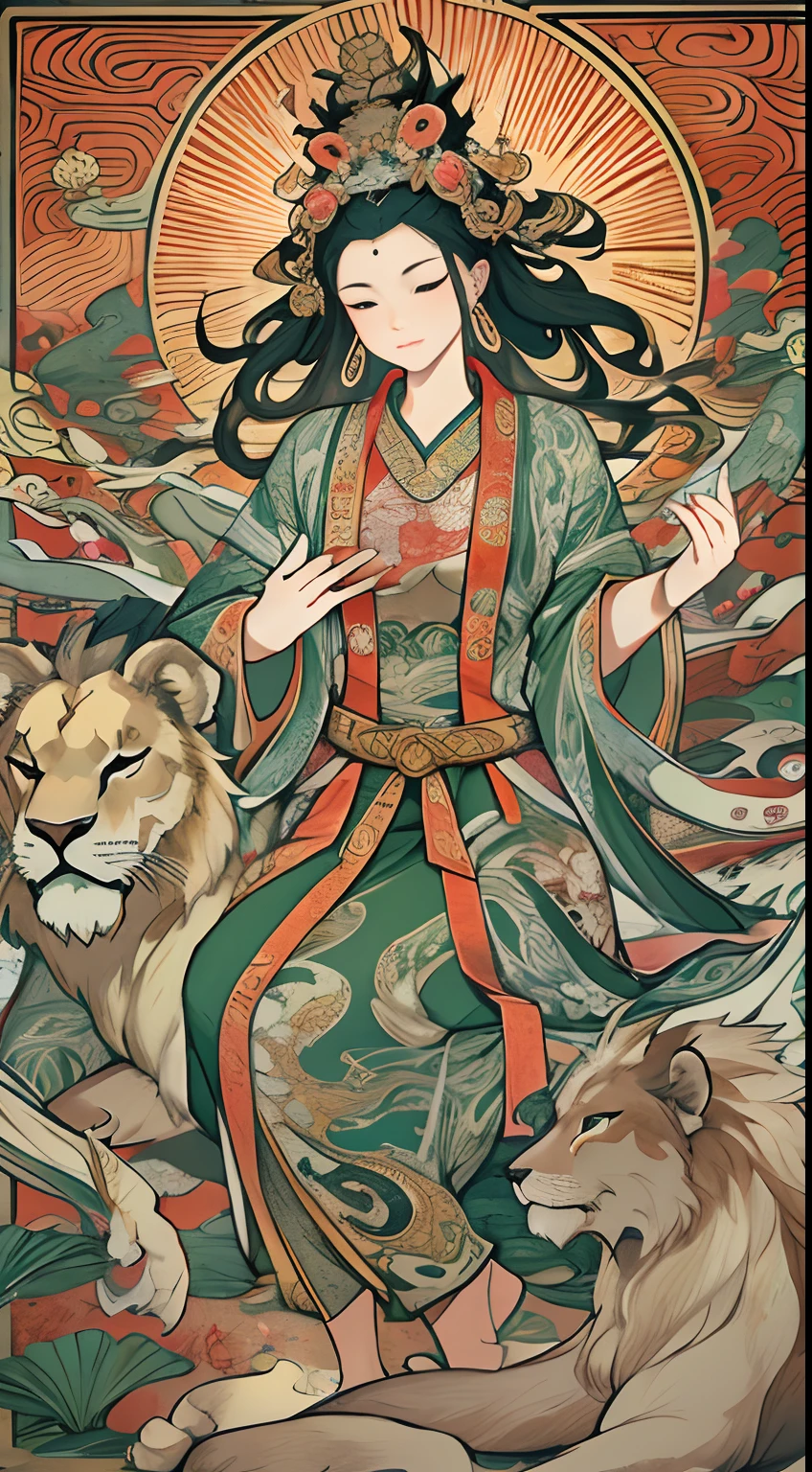 an ancient Chinese goddess, guanyin of the southern seas, Guanyin, Inspired by India, Avalokiteshvara rides a lion,,Serene expression,shui mo hua,Buddha,Buddhist,Lotus,Chinese painting style,Thangka style