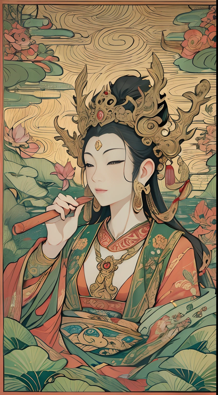 an ancient Chinese goddess, guanyin of the southern seas, Guanyin, Inspired by India, Avalokiteshvara rides an elephant,,Serene expression,shui mo hua,Buddha,Buddhist,Lotus,Chinese painting style,Thangka style