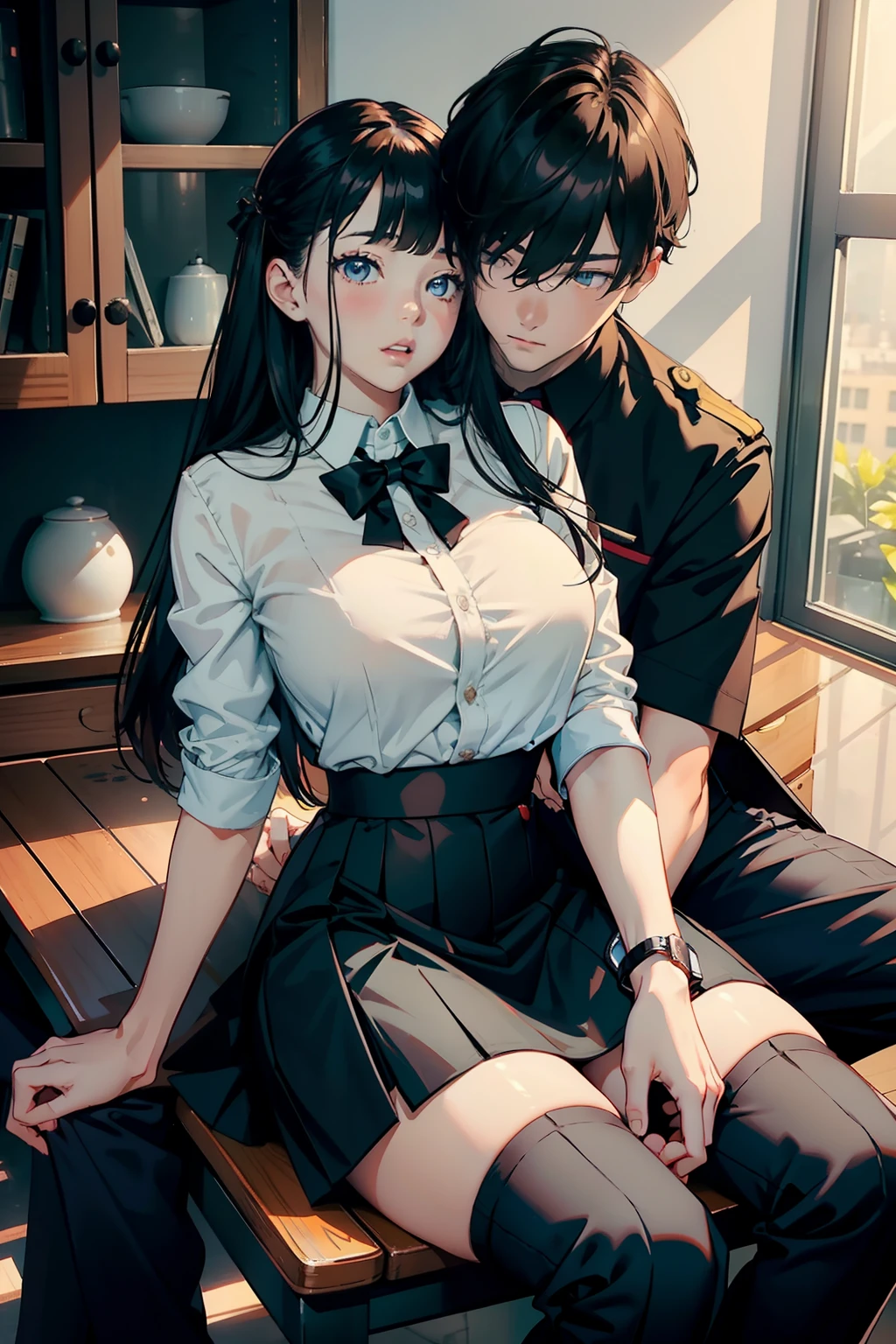 Male and female couple, Girl sitting on the boys lap wearing a tight skirt over a blouse, Boy grabbing girls breasts from behind, Boy in high school long pants uniform with messy black hair, NSFW