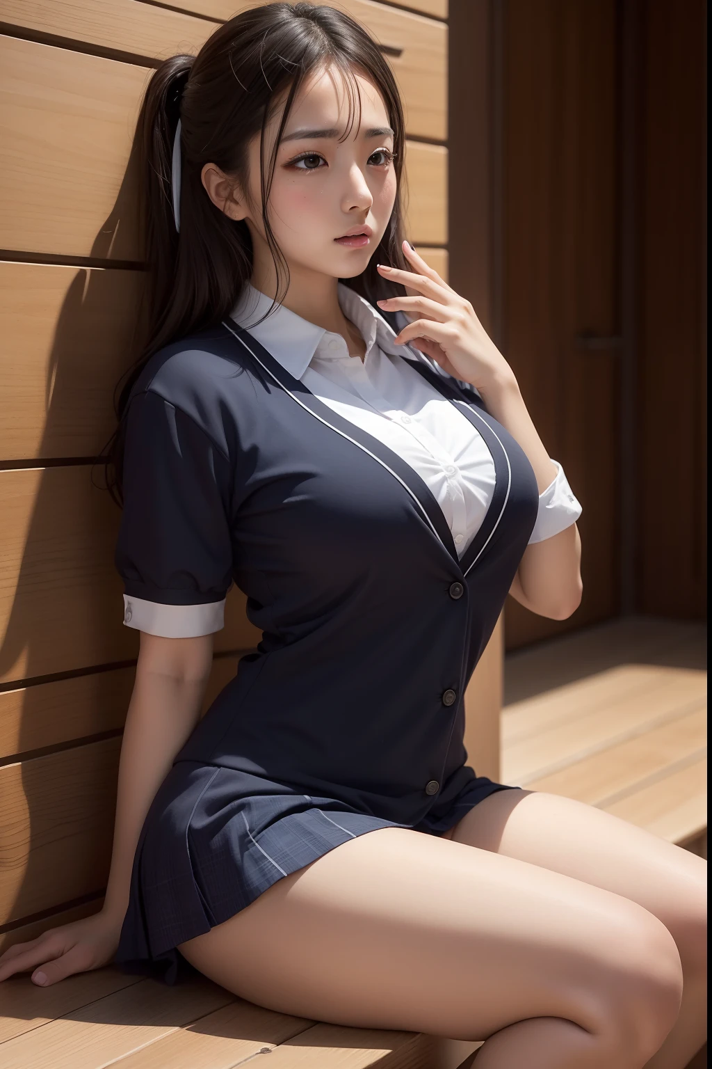 high resolusion, ultrasharp, 8k, obra maestra, hu tao, schoolwear, tetas medianasy sexys, perfil, llorando, pecho desnudo, lenceria de encaje, inclinada sobre la mesa