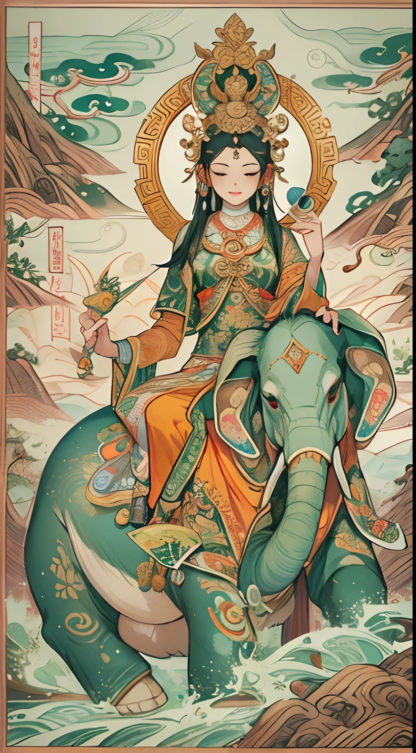 an ancient Chinese goddess, guanyin of the southern seas, Guanyin, Inspired by India, Avalokiteshvara rides an elephant,,Serene expression,shui mo hua,Buddha,Buddhist,Lotus,Chinese painting style,Thangka style