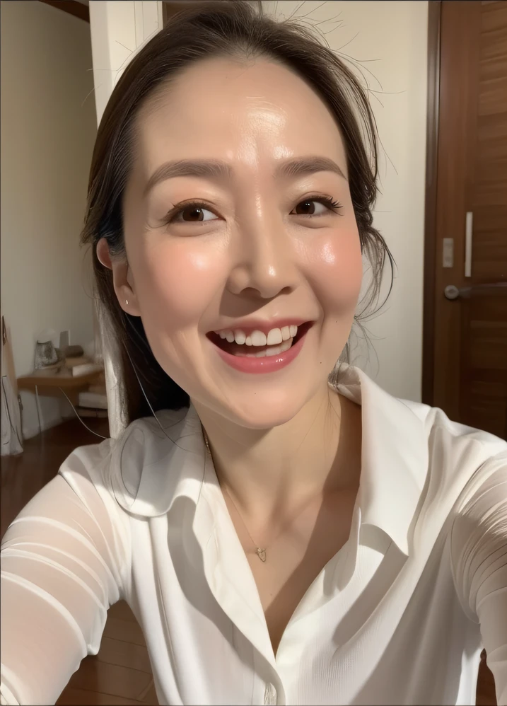 masterpiece,best quality, (mature:1), accurate anatomy, ((close up:1)), ((selfie)), Looking at the Viewer, ((open mouth:1)), ((your chin up:1.3)), sweaty body:1, wet white shirt, ((seductive expression)), friendly, in room