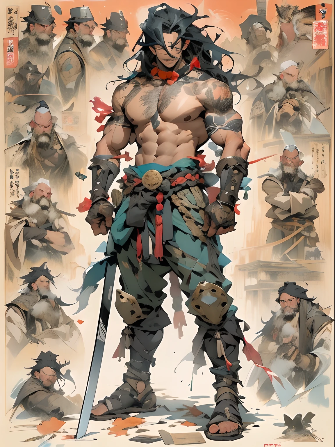 (((mtu))), (((best qualityer))), (((tmasterpiece))), (((AS-Adult))), ((( Japanese ))), Look up from your knees, Handsome Asian samurai，perfect body figure, Modern samurai, ((( Asian))), Wear gloves on your hands，The left arm is made of steel and metal tips，Made of protective devices, The eyes are pulled, (( Appears below the chest )), (( Small dental floss )), Simon Bisley, Almost naked（Simon Bisley）Castle City Wilderness，For high-resolution posters, hair straight, Minimum clothing, armure (Crazy clothes ), Full of tips and rivets, tribal tattoos, (((full bodyesbian))), Straight brunette hair，Colored hair ends