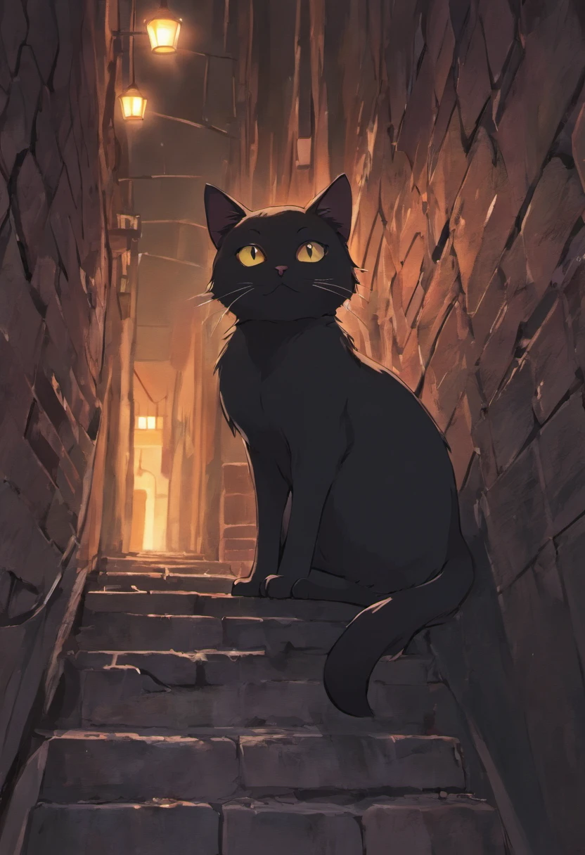 create a very black cat illustration, lineart style, solid colors, vector style, cartoon style, black cat lying on top of brick wall, cat's tail up, vibrant colors, night scenes, --ar 9:16