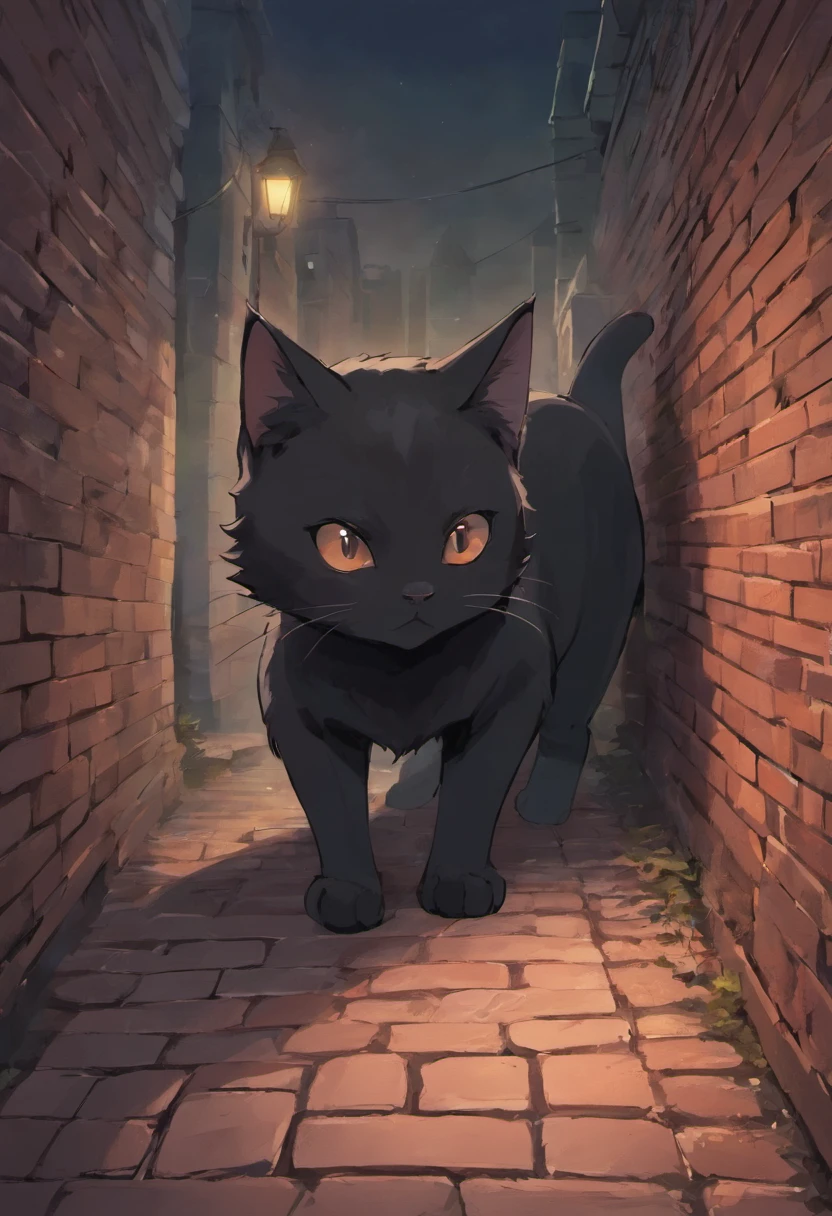 create a very black cat illustration, lineart style, solid colors, vector style, cartoon style, black cat lying on top of brick wall, cat's tail up, vibrant colors, night scenes, --ar 9:16