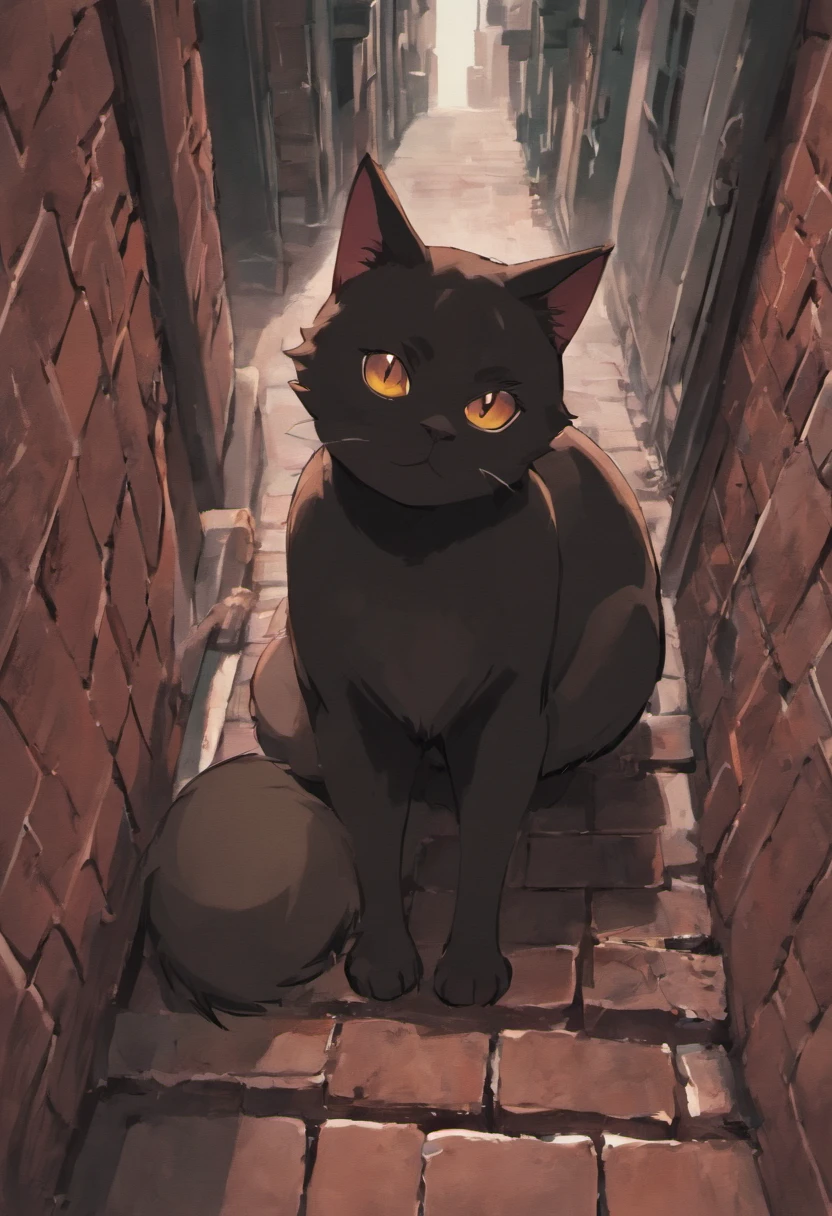 create a very black cat illustration, lineart style, solid colors, vector style, cartoon style, black cat lying on top of brick wall, cat's tail up, vibrant colors, night scenes, --ar 9:16