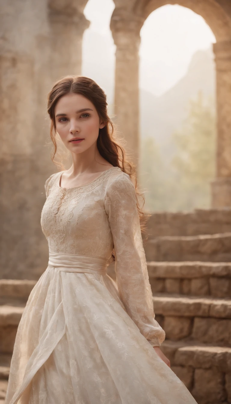 8K is very elaborate andリアルHuman texture、(Realistic oil art, Waist High Image, 12-year-old female, Brown hair, longwavy hair), medieval clothing, Rich Dresses, Medieval dresses, Red and white dress, Critical Cameras, blurry backround, warm light, clothes details, Strong leftovers, hidden hand