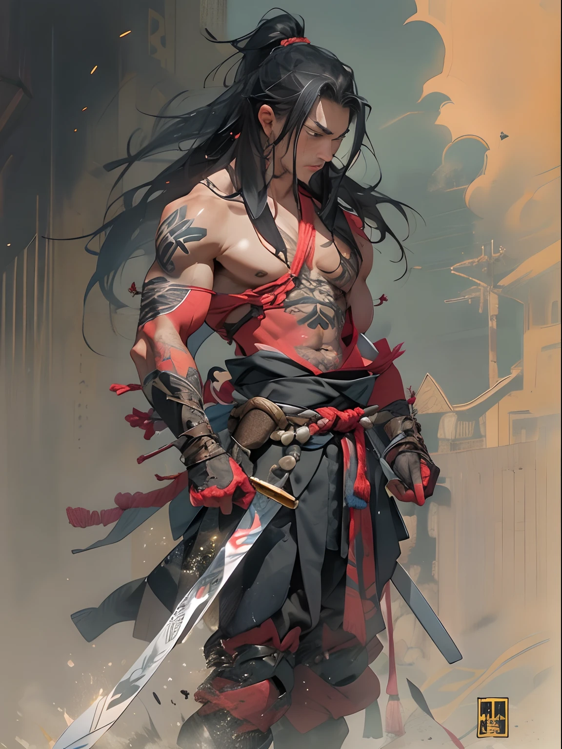 Boy, long black hair, ponytail, vampire teeth, horns (4), yellow eyes, 178cm height, shirtless, trained body, oni mask, holding katana, rainy background, standing infront of shrine, blurry lights, lost place