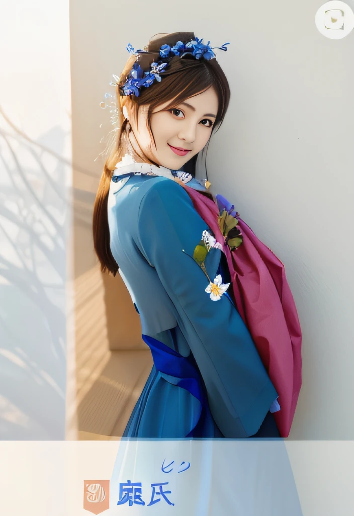 Close up portrait of smiling woman in blue dress with flowers in hair、a park