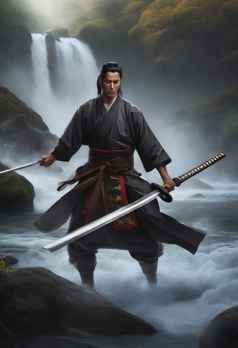 (Morte jogo homem vs mulher).Close-up of a samurai cutting water with his katana,cabelo preto longo com uma cicatriz na testa de um corte,homem adulto bonito,barba curta,Exprecion de pas and tranquility flowing like water,Mestre com a Espada,Samurai com quimono preto,Espada super afiada e brilhante,sob uma cachoeira,Cachoeira com pedras e um rio,Estilo anime,graphic art,alta qualidade,highes definition,obra prima,Qualidade de desenho profissional,Muitos detalhes,cores definidas,linhas grossas,