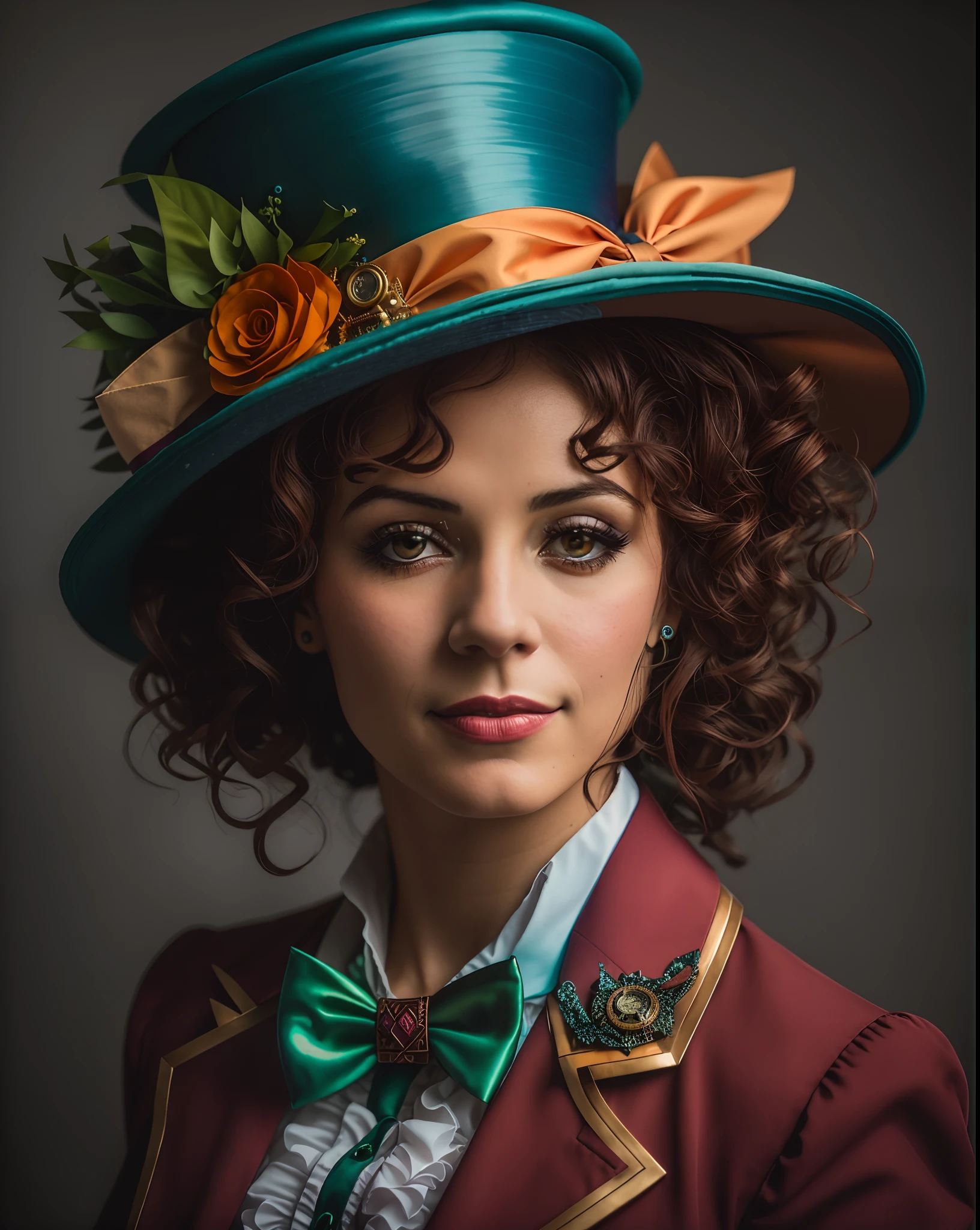 There's a woman with a hat and bow tie, Chapeleiro Louco Feminino, retrato colorido, O Madhatter, retrato colorido detalhado, Chapeleiro Louco, color photograph portrait 4k, O Chapeleiro Louco, portrait of alice in wonderland, O Chapeleiro Rad, Retrato de uma senhora de gelo steampunk, retrato de alta qualidade, foto de retrato, color studio portrait