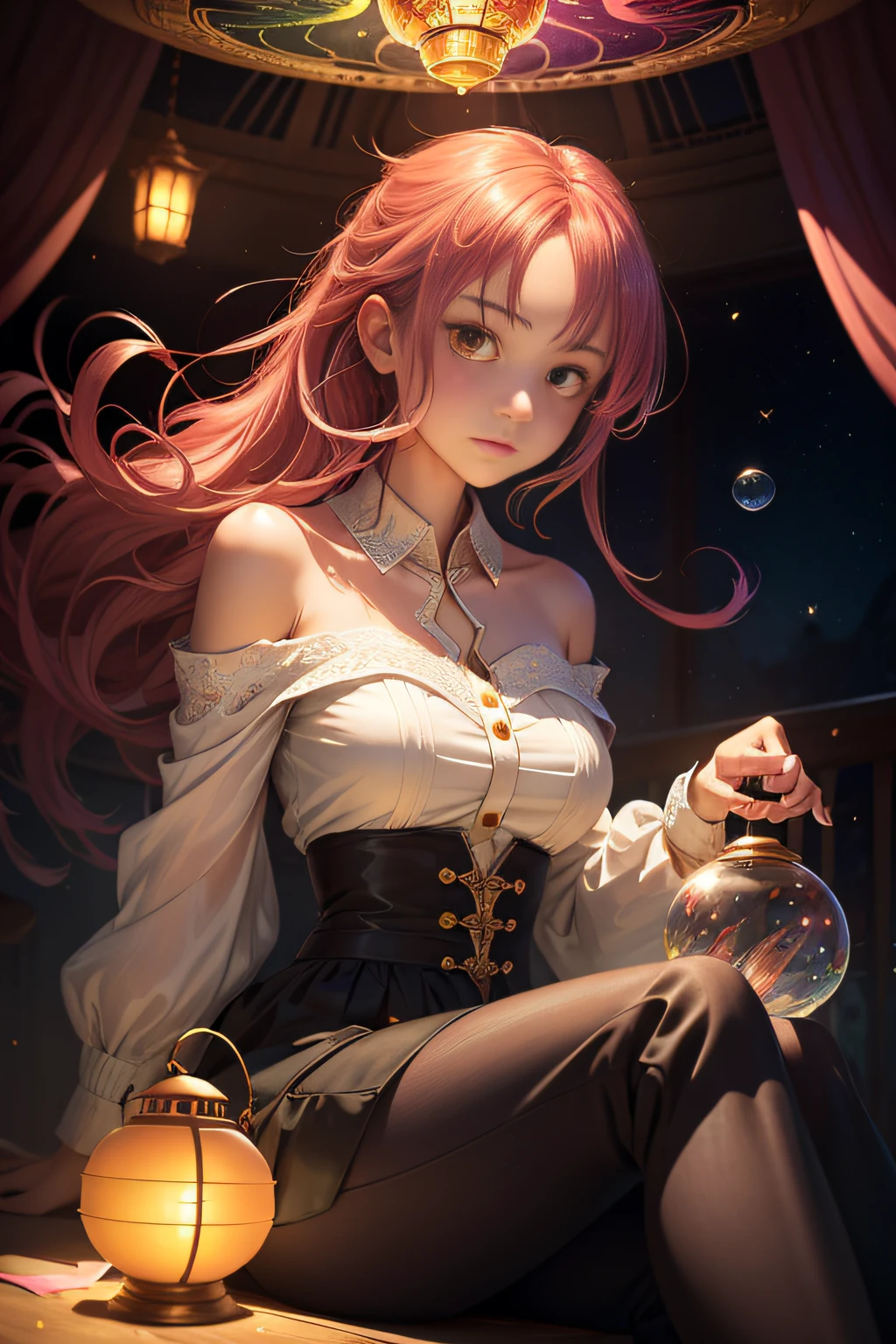 layla (masutepiece), (Best Quality), (ultra-detailliert),(disheveled hair),(Illustration), (1girl in), beautiful finely detailed eyes,Delicate beautiful face,floating,(High color saturation),(Colorful splashes),colorful bubble,(Shining),Focus on Face, Sitting in a glass ball, G;Bat cage, Golden Star and Lantern