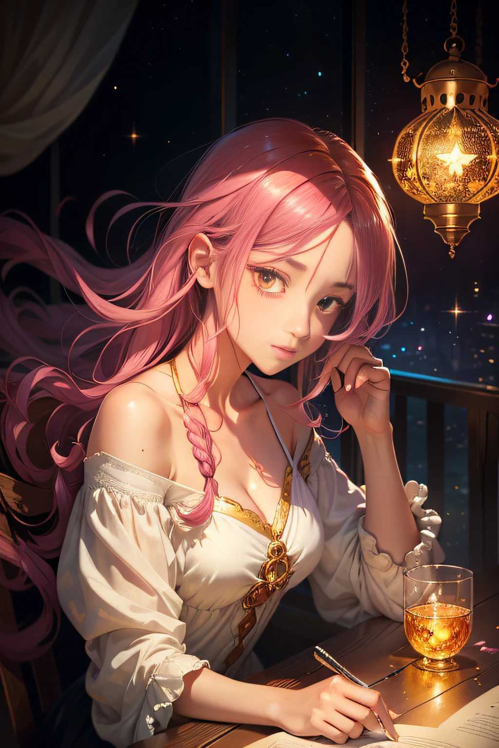 layla (masutepiece), (Best Quality), (ultra-detailliert),(disheveled hair),(Illustration), (1girl in), beautiful finely detailed eyes,Delicate beautiful face,floating,(High color saturation),(Colorful splashes),colorful bubble,(Shining),Focus on Face, Sitting in a glass ball, G;Bat cage, Golden Star and Lantern