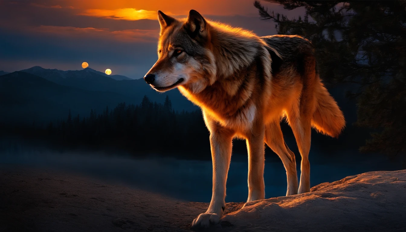 "A lone wolf under the full moon on fire"