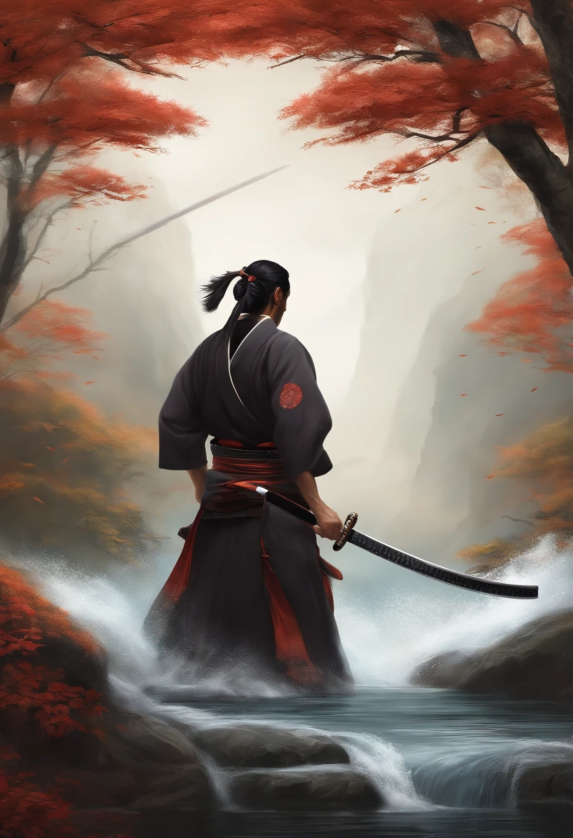 (Morte jogo homem vs mulher).Close-up of a samurai cutting water with his katana,cabelo preto longo com uma cicatriz na testa de um corte,homem adulto bonito,barba curta,Appreciation of shovels and tranquility flowing like water,Mestre com a Espada,Samurai com quimono preto,Espada super afiada e brilhante,sob uma cachoeira,Cachoeira com pedras e um rio,Estilo anime,graphic art,alta qualidade,highes definition,obra prima,Qualidade de desenho profissional,Muitos detalhes,cores definidas,linhas grossas,