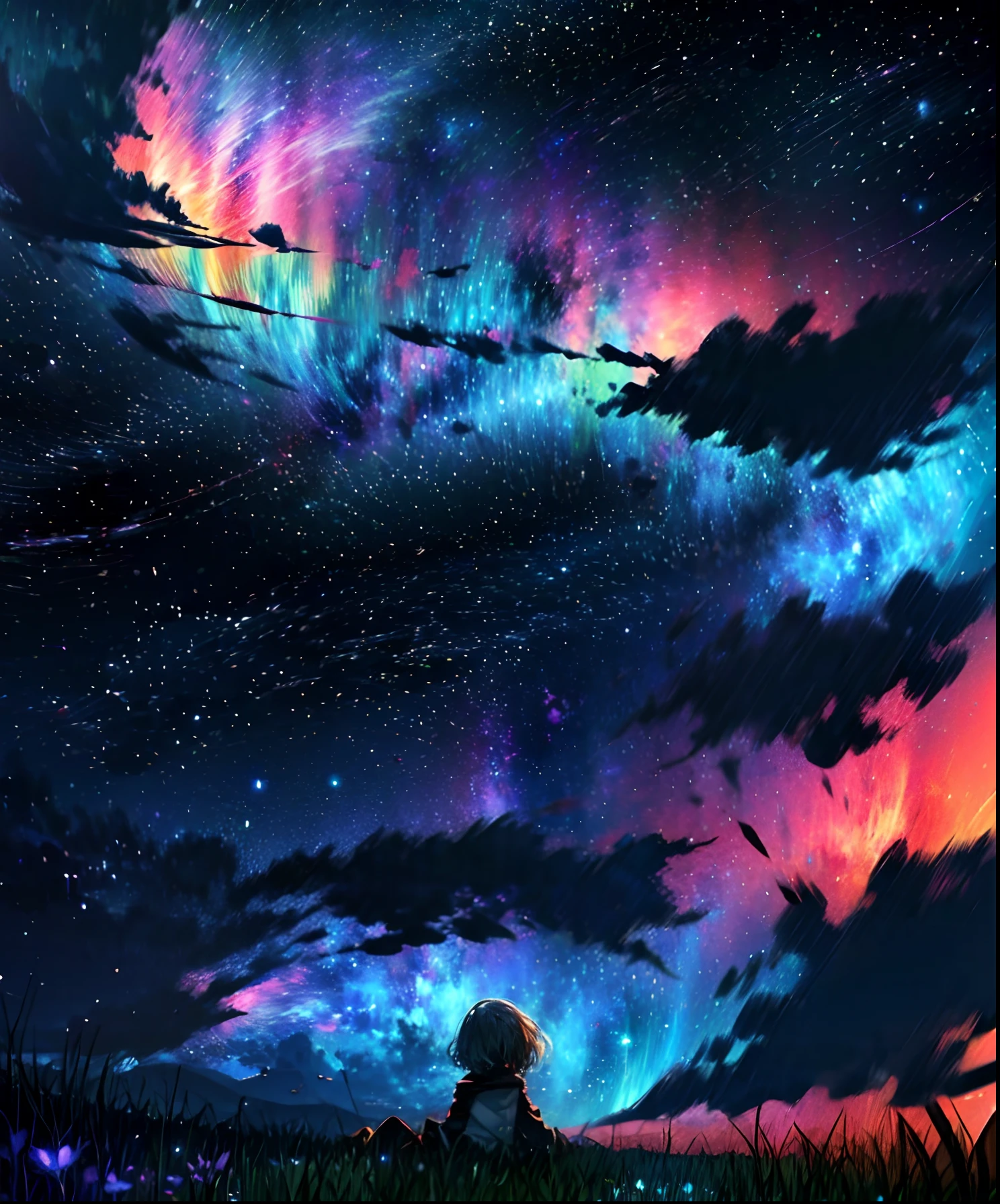 Describe a scene where a cute girl character is lying on a grassy hill, Looking up at the starry sky. Surround her with colorful nebulae and her favorite constellations.