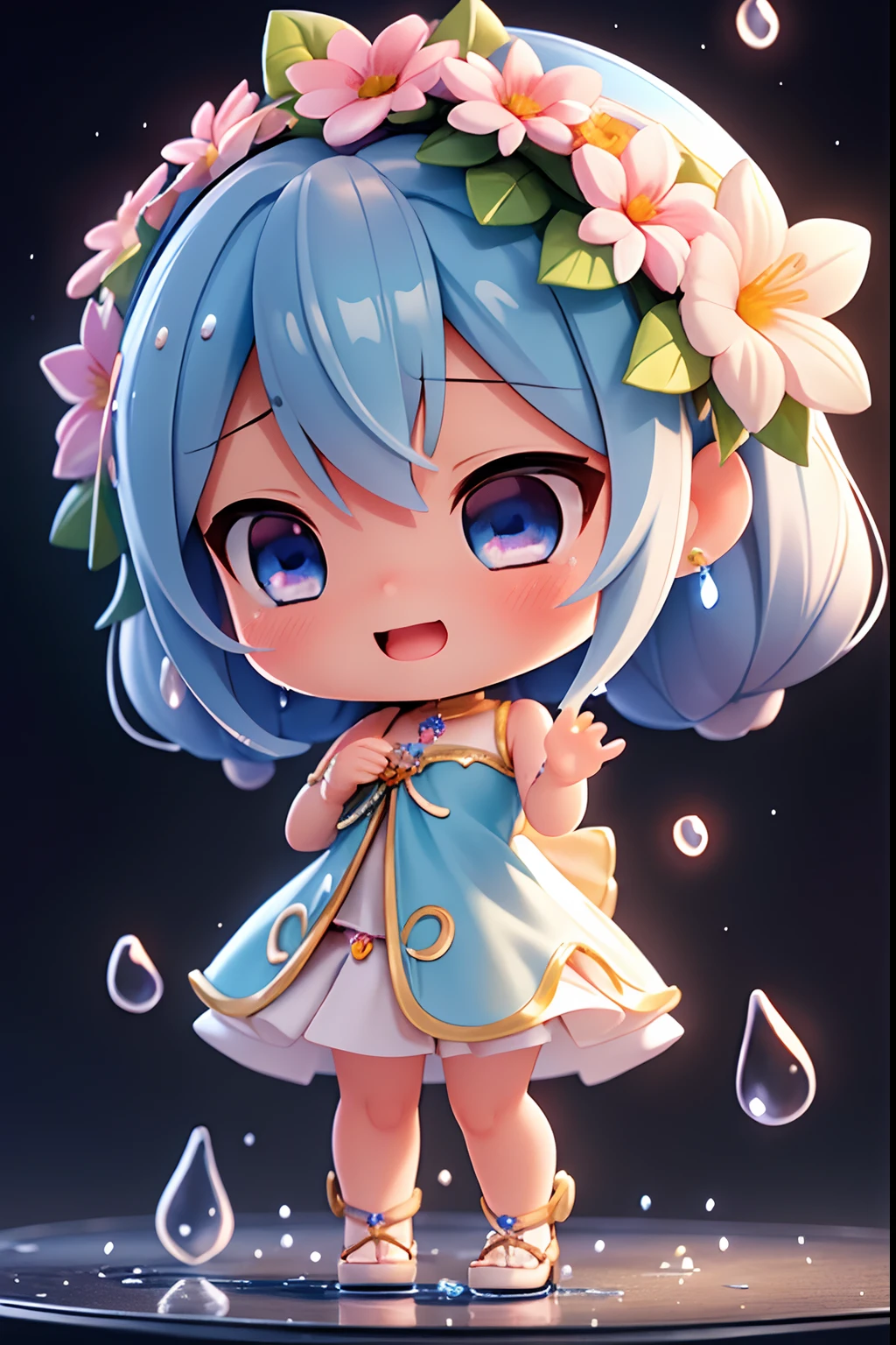 photoRealstic、Doll standing in front of the painting(nendroid)、A smile、Water droplets on the cheeks、Put your hand to your mouth and smile、Sengai、pixiv、rokoko、dollfie dream、watercolor Nendoroid、(High Definition Figure)、Flowing iridescent silk、up of face、Eye Up、Bikini swimwear、There are also flowers in front of the nendroids、flower petals、water dripping、season!!: 夏天☀ 🍂