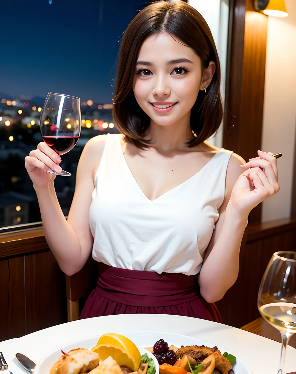 (64K, UHD, top quality, masterpiece: 1.2), (realistic, photorealistic: 1.37), super detailed, pretty woman 1 person, (slim face), (slim body), (brown hair), (short cut), cheeks slightly blushing, (44 years old), 38 years old, solo, beautiful detailed urban night view outside the window, restaurant, wine glasses sit, at night, in a prominent placeNovaFrogStyle, Actress, Model, Waist Up, White Wine, Slim, Wine Glass, Super Clean Night View, Wine Glass Put in the Middle, Happy Smile, (Smile: 1.15), Beautiful Fine Eyes, Upper Body, Bust Japan Up, Night, Short, Short, Actress, Model, Waist Up, White Wine, Slim, Wine Glass, Super Clean Night View, Wine Glass Put in the Middle, Happy Smile,