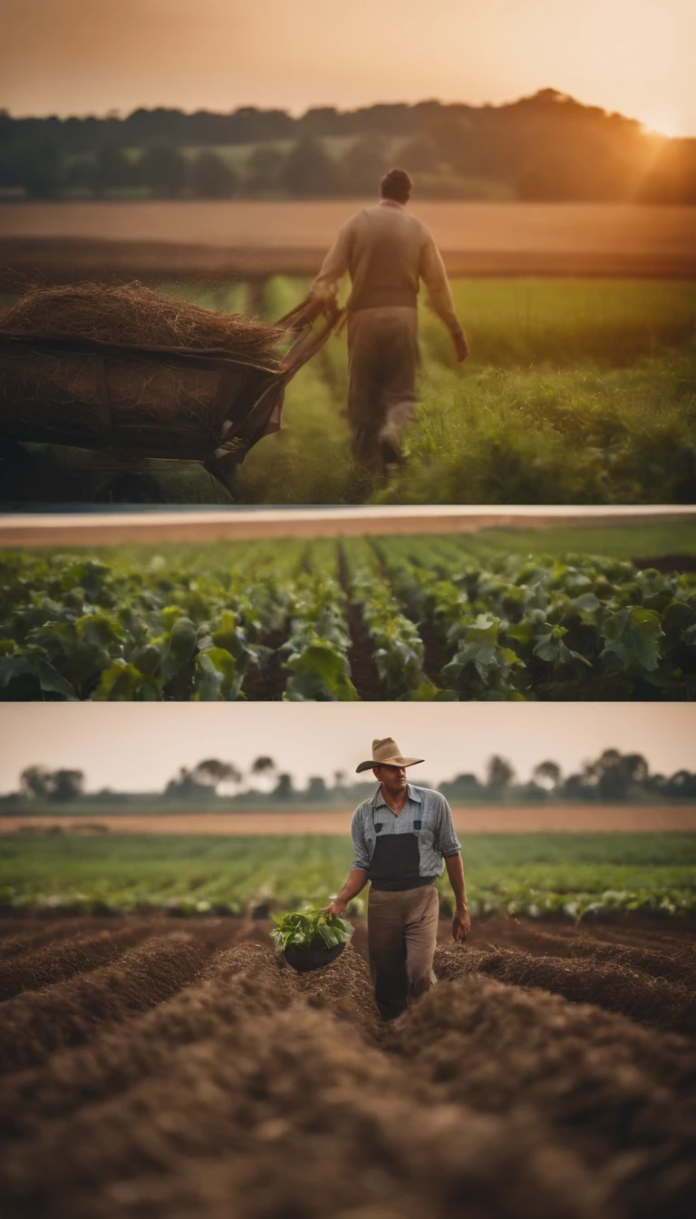 A man in a hat and a straw hat is walking through a field - SeaArt AI