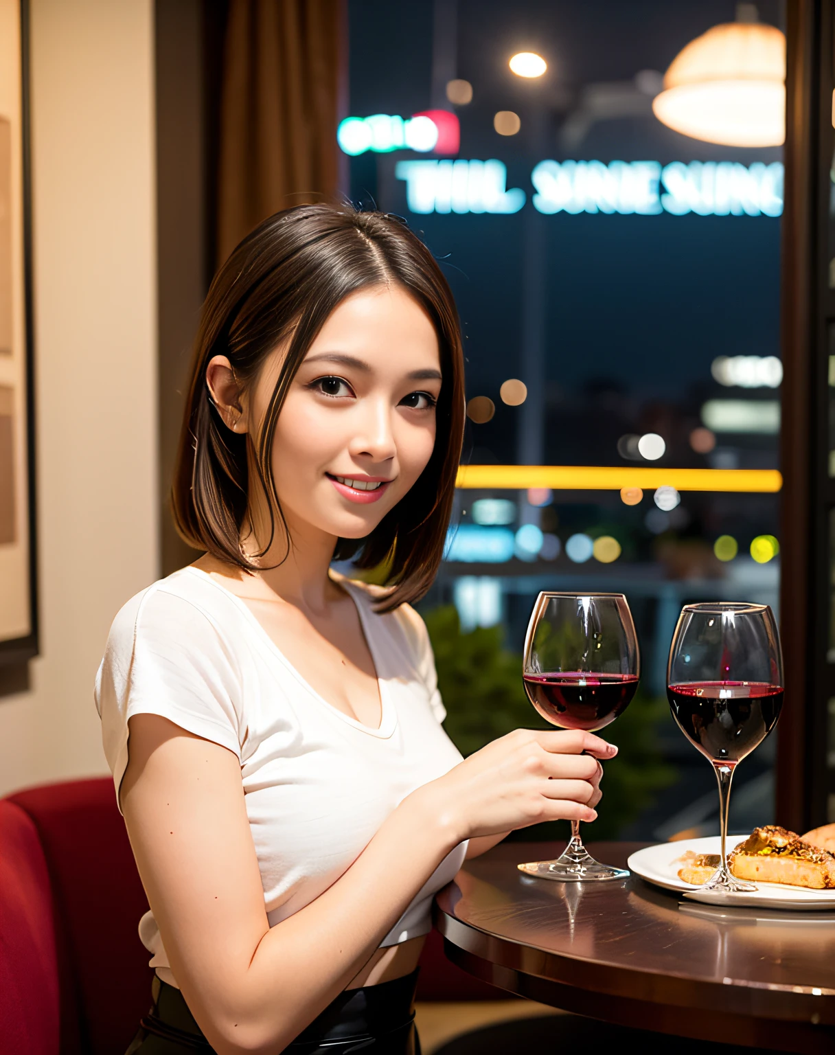 (64K, UHD, top quality, masterpiece: 1.2), (realistic, photorealistic: 1.37), super detailed, pretty woman 1 person, (slim face), (slim body), (brown hair), (short cut), cheeks slightly blushing, (44 years old), 38 years old, solo, beautiful detailed urban night view outside the window, restaurant, wine glasses sit, at night, in a prominent placeNovaFrogStyle, Actress, Model, Waist Up, White Wine, Slim, Wine Glass, Super Clean Night View, Wine Glass Put in the Middle, Happy Smile, (Smile: 1.15), Beautiful Fine Eyes, Upper Body, Bust Japan Up, Night, Short, Short, Actress, Model, Waist Up, White Wine, Slim, Wine Glass, Super Clean Night View, Wine Glass Put in the Middle, Happy Smile,