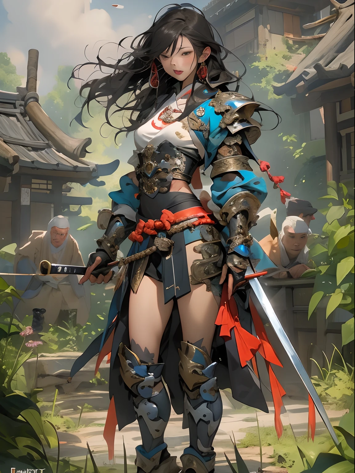 (((woman))), (((best qualityer))), (((tmasterpiece))), (((AS-Adult))), ((( Japanese ))), Look up from your knees, A beautiful asian samurai woman with perfect body, Modern samurai, ((( Asian))), Wear gloves on your hands,The left arm is made of steel and metal tips,Made of protective devices, The eyes are pulled, (( Appears below the breast )), (( Small dental floss )), Simon Bisley, Almost naked(Simon Bisley)Castle City Wilderness,For high-resolution posters, hair straight, Minimum clothing, armure (Crazy clothes ), Full of tips and rivets, tribal tattoos, (((full bodyesbian))), Straight brunette hair,Colored hair ends